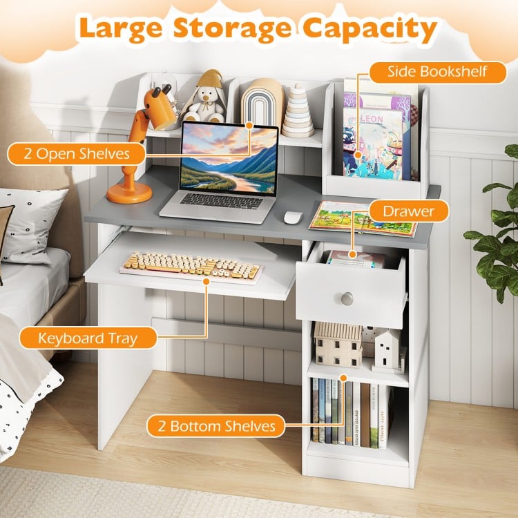 Kids study desk in gray features a hutch, drawer, keyboard tray, and ample storage with two open shelves for organization.