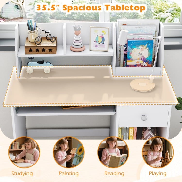 Kids study desk with a spacious 35.5" tabletop, gray finish, featuring shelves, drawer, and keyboard tray for organized storage.