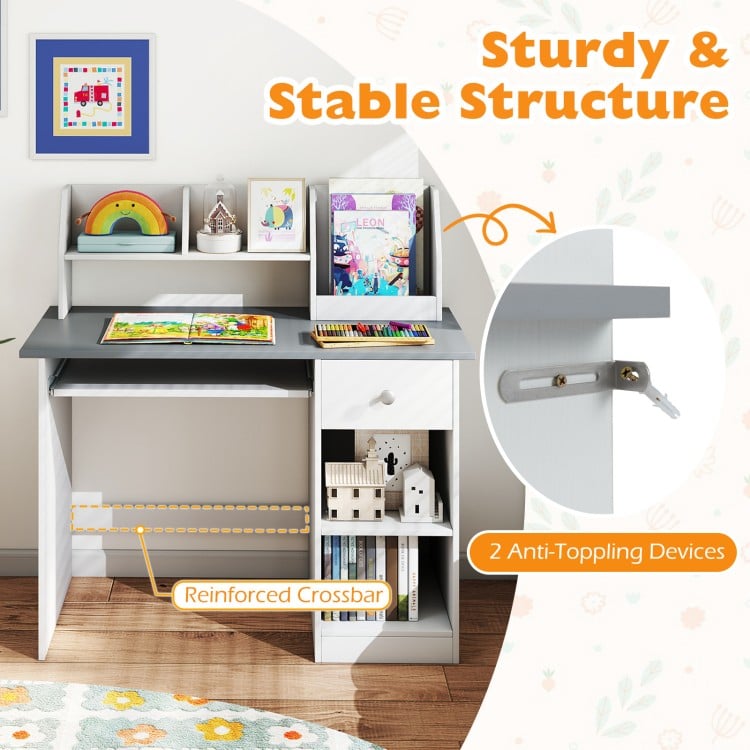 Kids study desk in gray featuring a hutch, drawer, and shelves for ample storage and reinforced crossbar for stability.