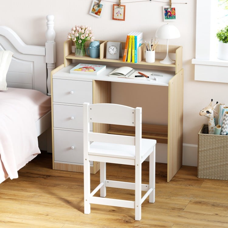 Kids study desk and chair set in natural wood with hutch, three drawers, and ergonomic chair for children's workspace.