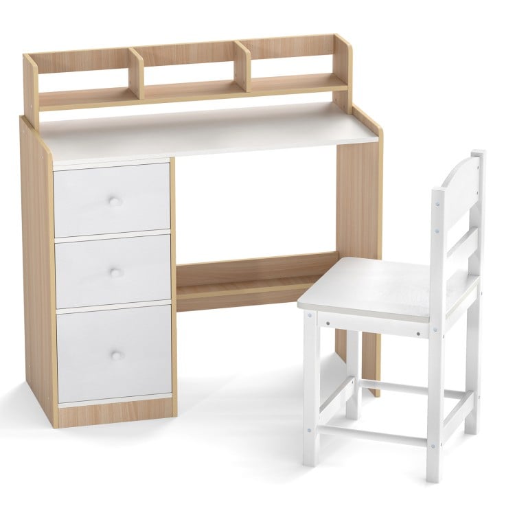 Kids study desk and chair set in natural wood, featuring hutch, storage shelves, and three drawers for organized.