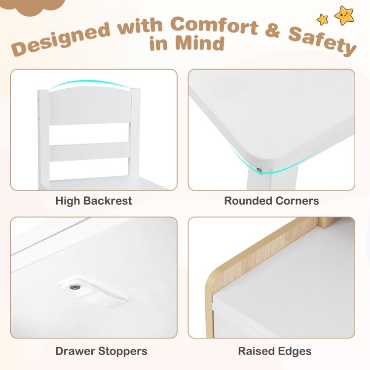 High back chair and kids study desk set featuring rounded corners, drawer stoppers, and raised edges for safety and.