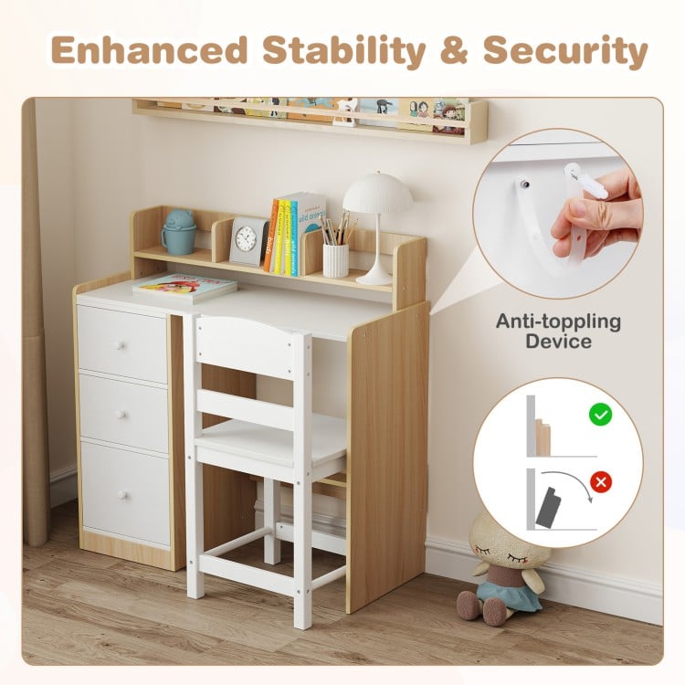 Kids study desk and chair set with hutch, storage shelves, and anti-toppling device for safety and stability.