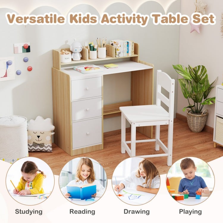 Kids study desk and chair set with hutch, storage shelves, and ergonomic chair for creative activities in a children's.