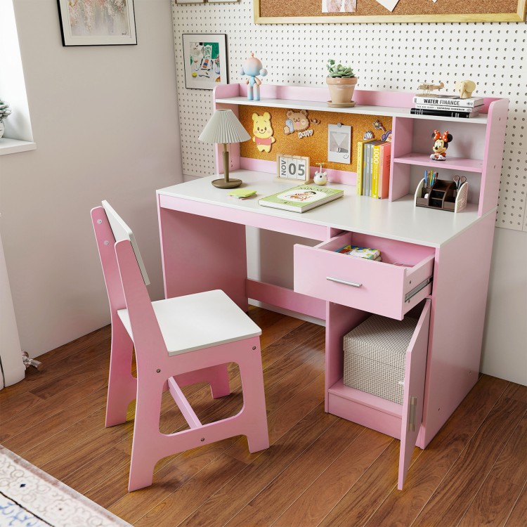Close-up view of the pink cabinet door and drawer of the Kids Study Desk and Chair Set, designed for easy access and.
