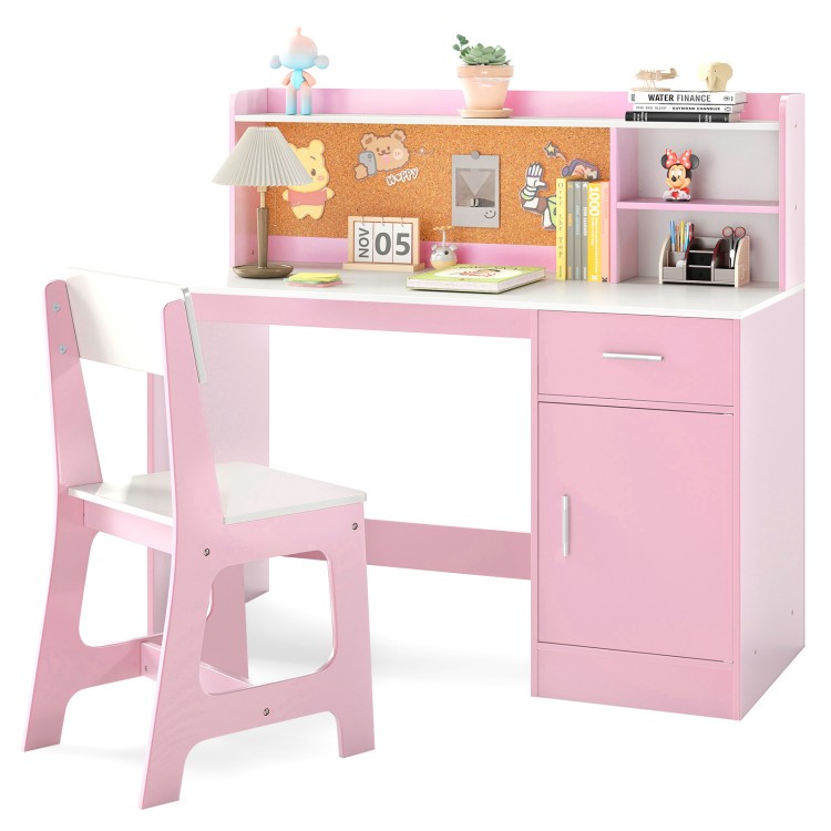 Kids study desk and chair set in white and pink with shelves, drawer, and cork bulletin board for imaginative.