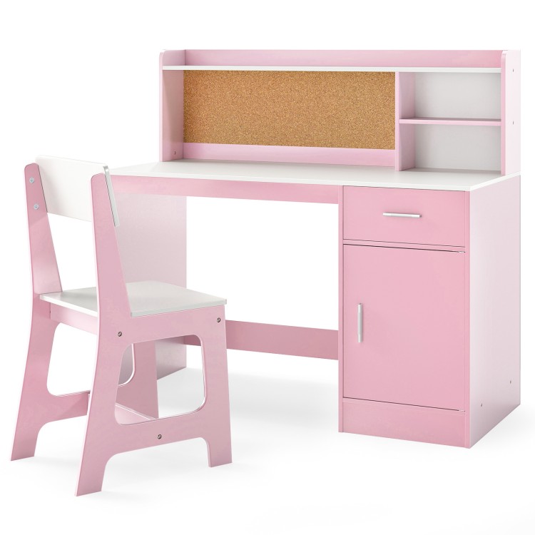 Kids study desk and chair set in white and pink with shelves, drawer, and cork bulletin board for versatile activities.