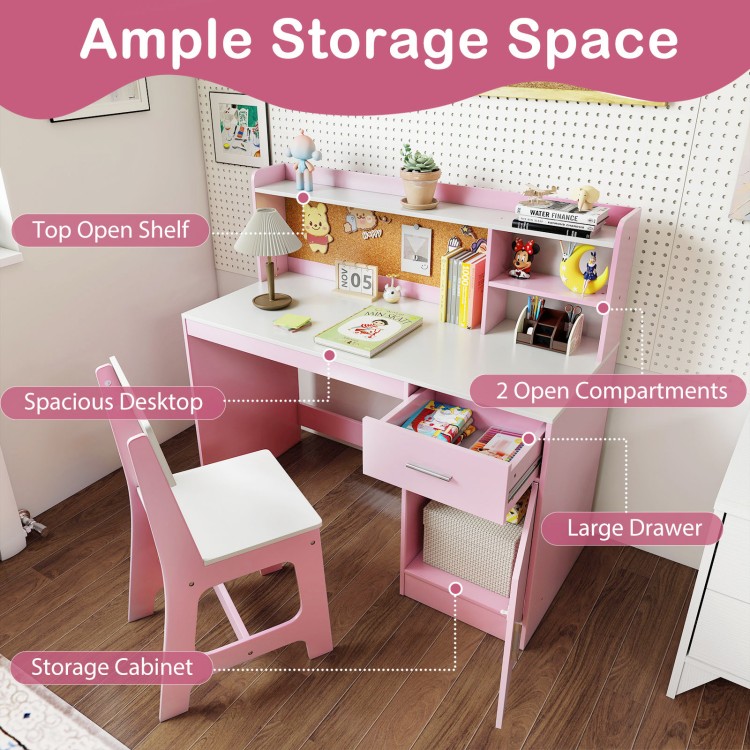 Kids study desk and chair set in white and pink, featuring ample storage, cork bulletin board, and ergonomic chair.