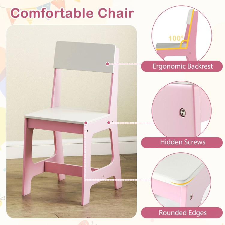 Ergonomic pink chair with rounded edges and hidden screws, perfect for kids' study desk and chair set.