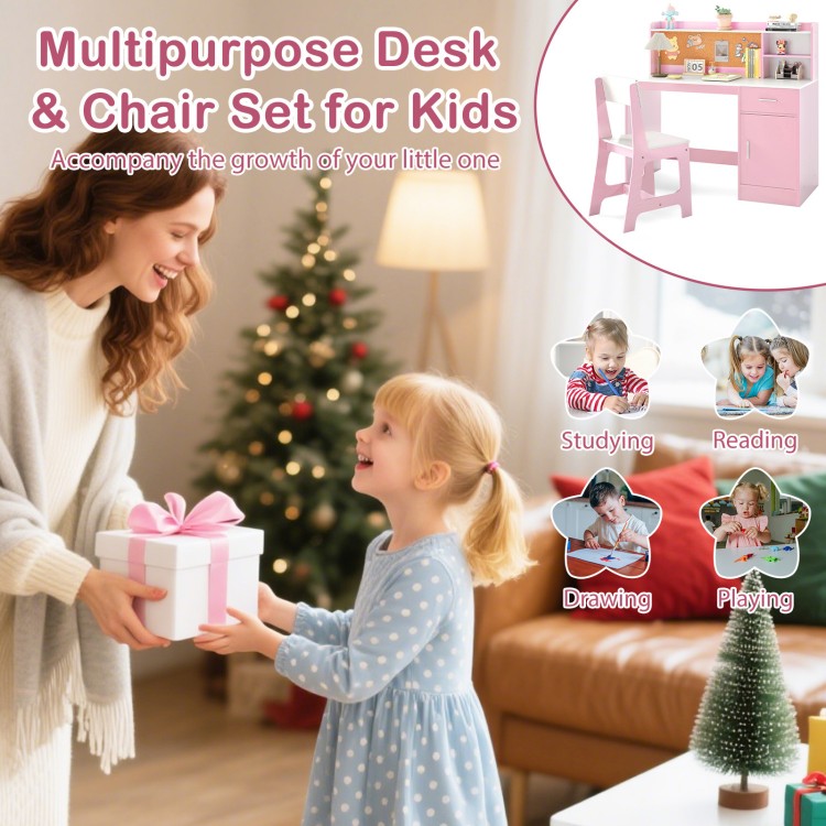 Kids study desk and chair set in white and pink, featuring storage shelves and ergonomic chair for studying and drawing.