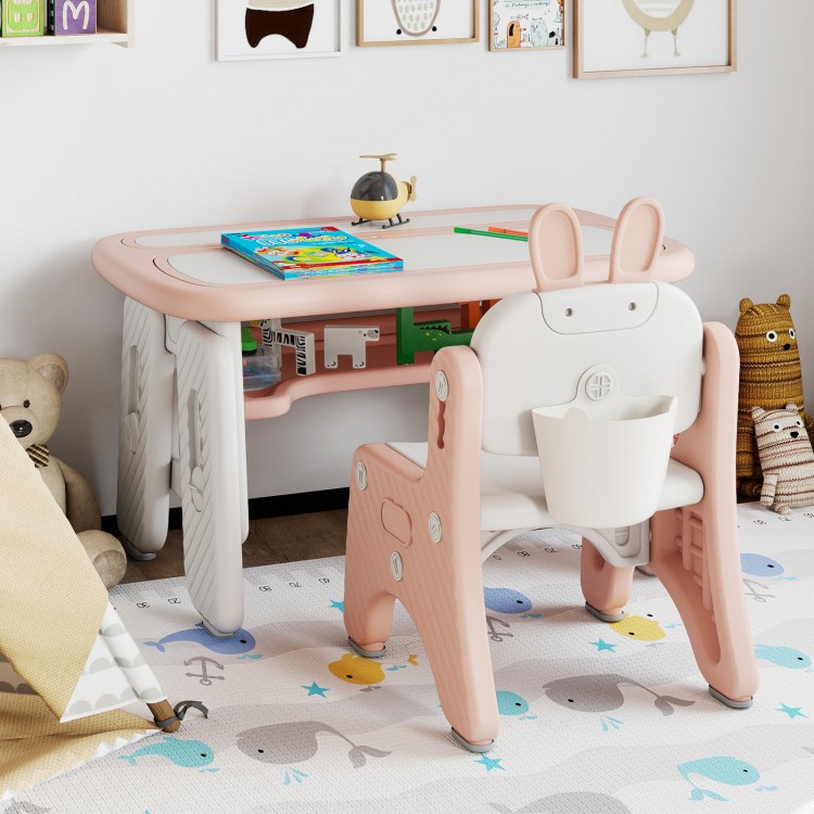 Kids table and chair set in pink with detachable drawing boards, perfect for learning and play in a child's room.