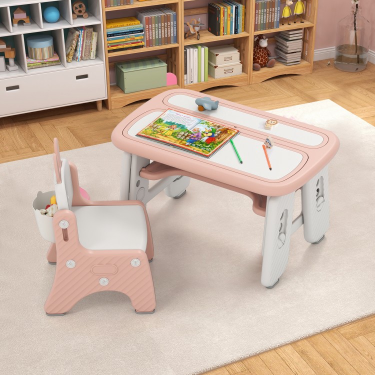Kids table and chair set in pink with adjustable drawing boards, perfect for learning and play in a child's room.