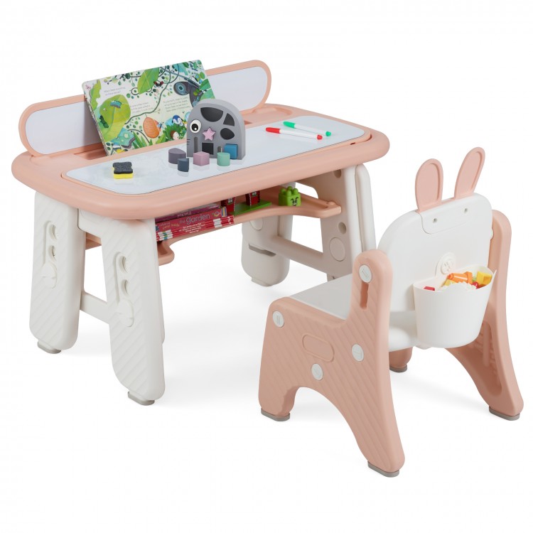 Kids table and chair set in pink with adjustable drawing boards, storage options, and a cute rabbit-shaped chair for.