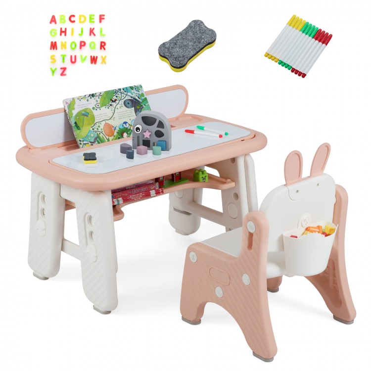 Pink kids table with flip-top bookshelf and detachable drawing boards, ideal for creative activities and storage.