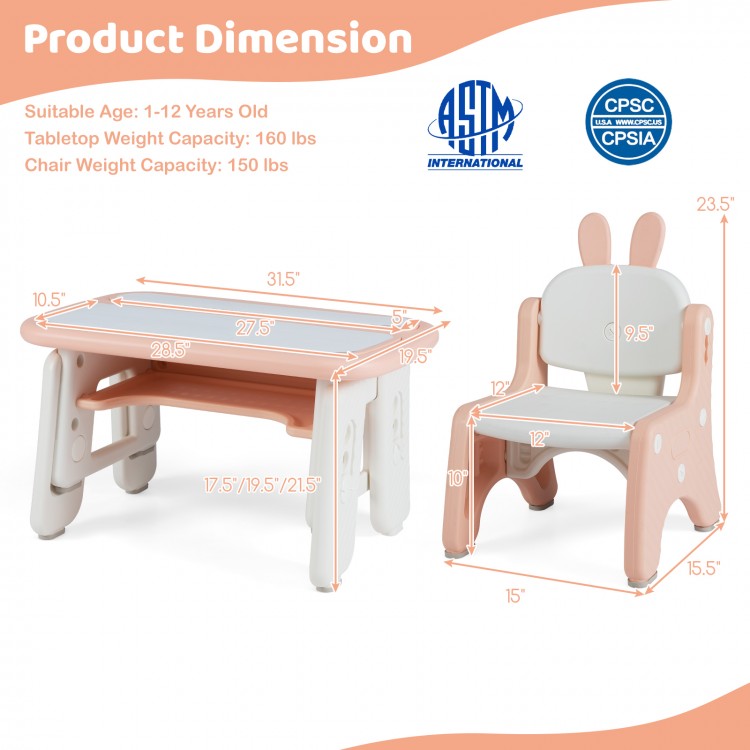 Kids table and chair set in pink with adjustable drawing boards, perfect for learning and playing in kids' spaces.