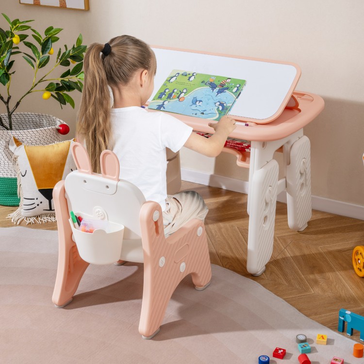 Kids table and chair set in pink with adjustable drawing boards, perfect for learning and playing in a child's room.