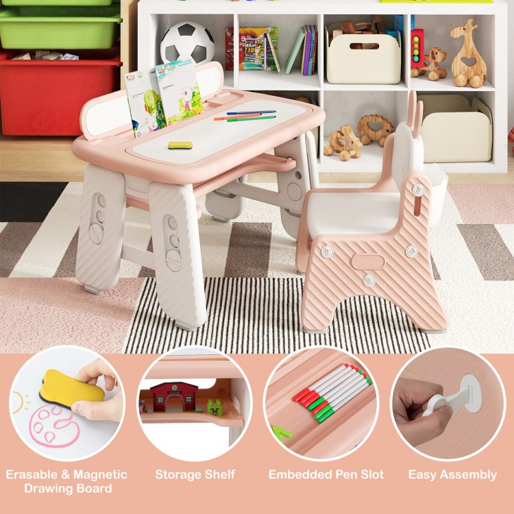 Kids table and chair set in pink with adjustable drawing boards, storage shelf, and cute rabbit-shaped chair for.