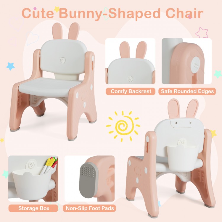 Cute bunny-shaped chair in pink with a comfy backrest and non-slip foot pads, perfect for kids' learning and play.