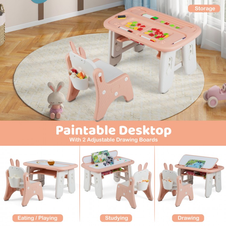 Kids table and chair set in pink with adjustable drawing boards, storage box, and rabbit-shaped chair for versatile.