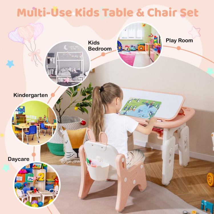 Kids table and chair set in pink with adjustable drawing boards, perfect for playrooms and learning activities.