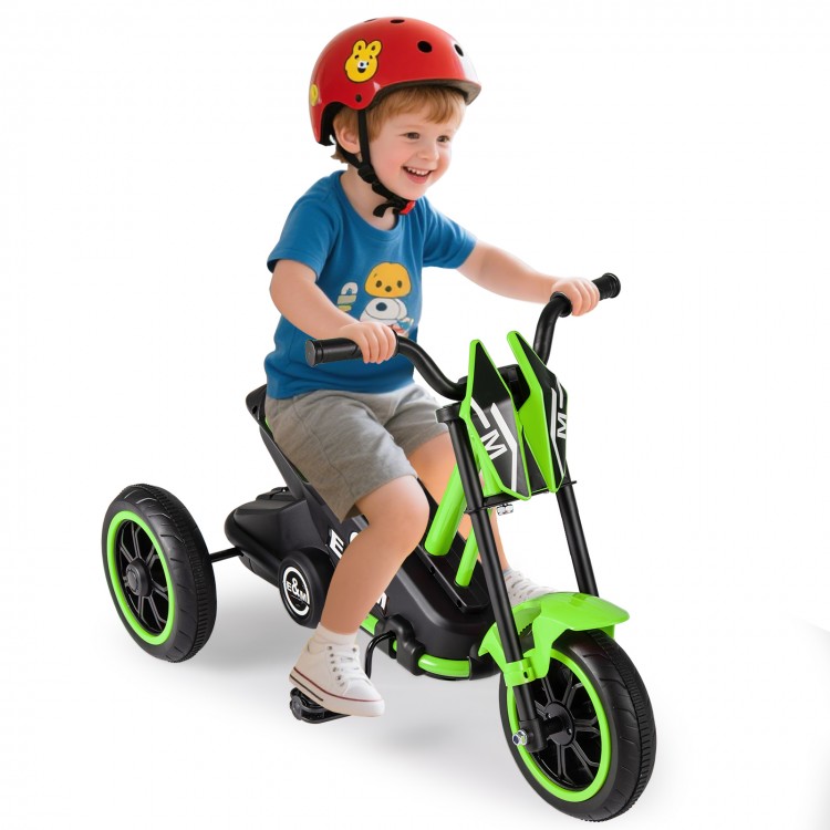 Kids tricycle in green with non-slip wheels, stable structure, and safe handlebars for toddlers aged 3 and up.
