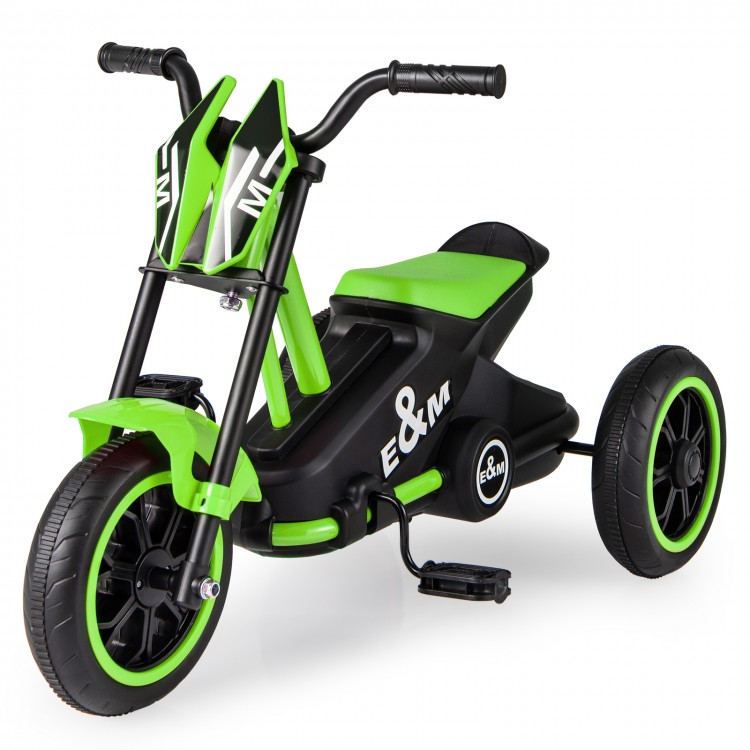 Kids tricycle in green with a stable triangular structure, non-slip wheels, and anti-skid pedals for toddlers.