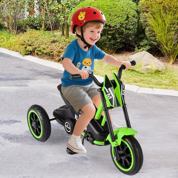 Kids tricycle in green with stable triangular structure, non-slip wheels, and comfortable seat for toddlers.