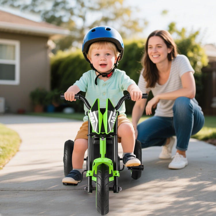 Kids tricycle in green with stable three-wheel design, suitable for various surfaces, promoting balance and confidence.