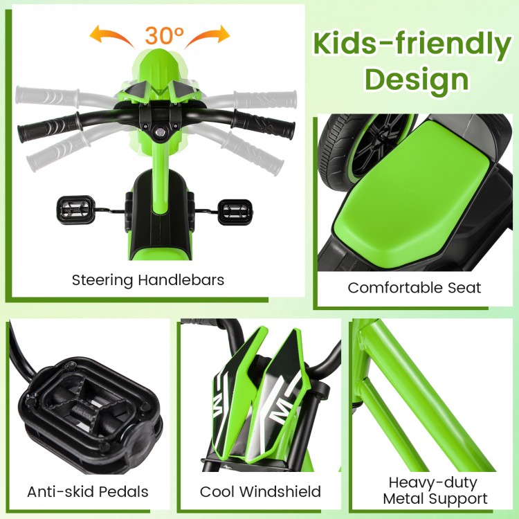 Kids tricycle with green design featuring anti-skid pedals, comfortable seat, and 30° steering for safe riding.