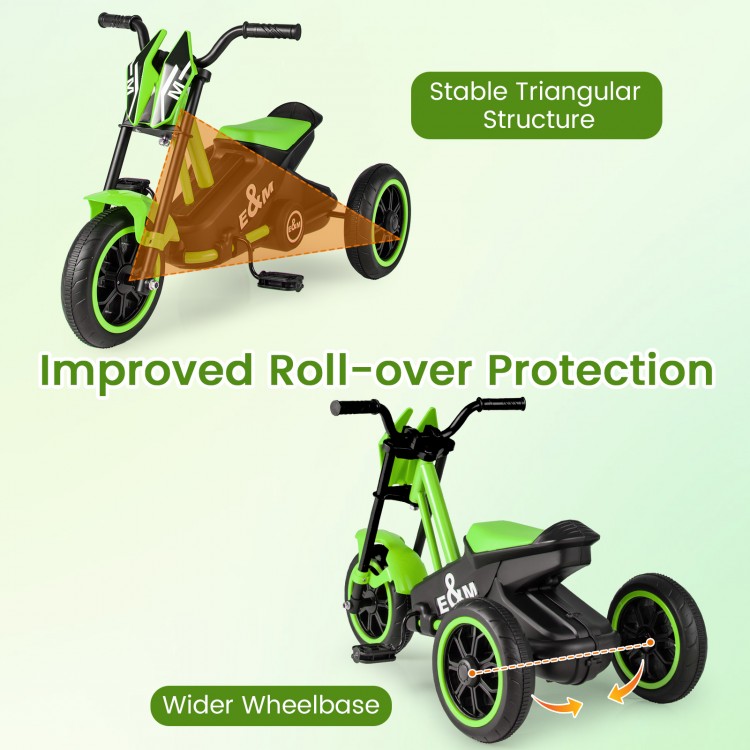 Kids tricycle with stable triangular structure and wider wheelbase, designed for safety and balance for toddlers.