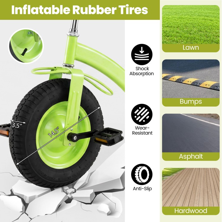 Close-up of the 15-inch inflatable rubber tire on a green kids tricycle, showcasing wear-resistance and shock.
