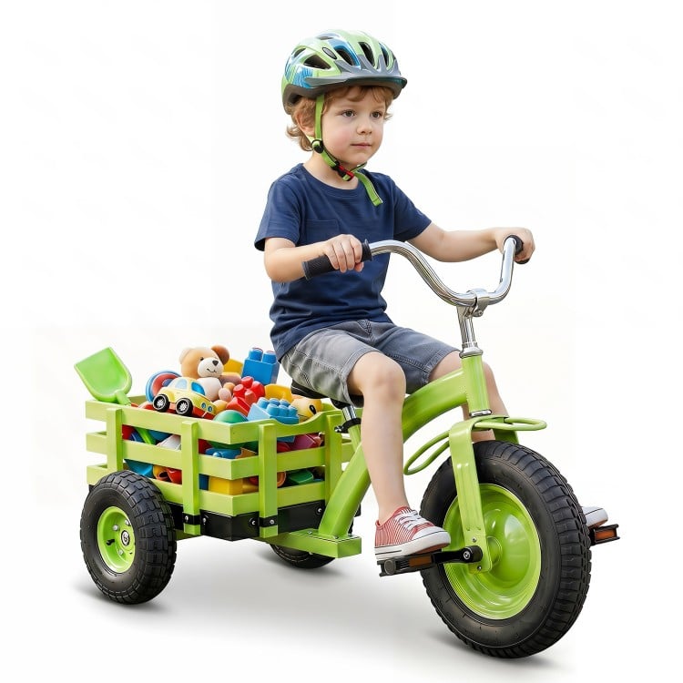 Kids tricycle in green with 15-inch inflatable rubber tires and a storage basket for organizing toys during playtime.