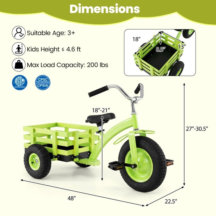 Kids tricycle in green with a storage basket, adjustable seat, and 15-inch inflatable rubber tires for stable rides.