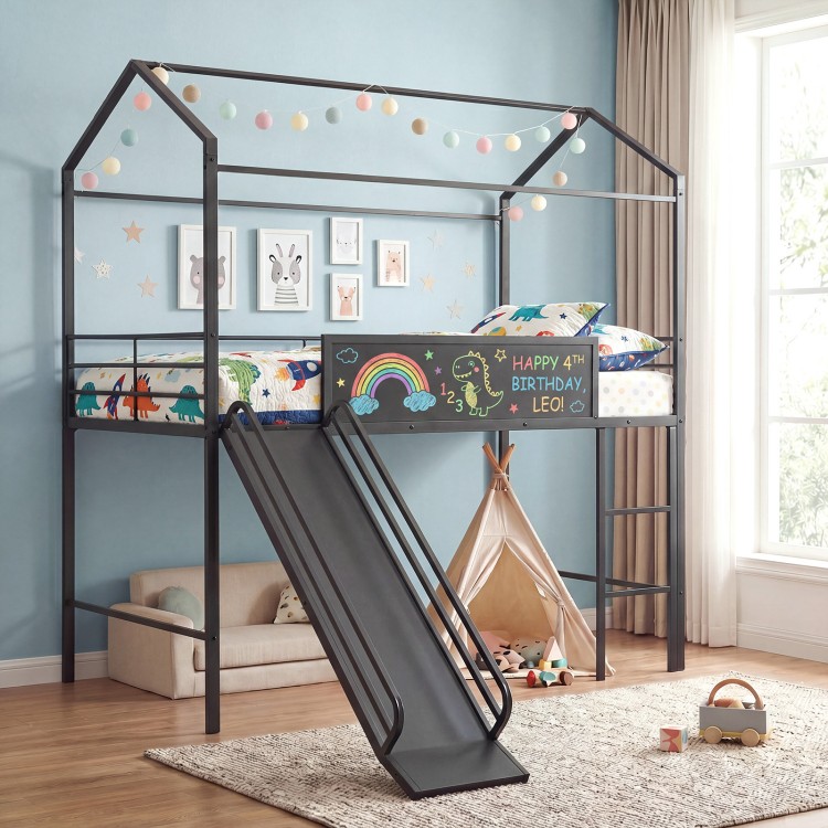 Kids twin size loft bed in black with slide, ladder, and chalkboard for creative bedroom adventures.