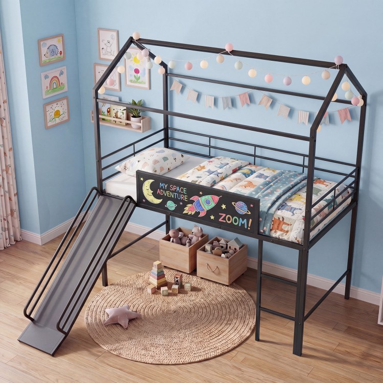 Loft bed for kids in black with house design, featuring a slide and spacious under-bed area for play and storage.