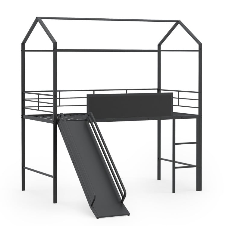 Kids twin size loft bed in black with ladder and slide, featuring a house-shaped design for fun bedroom adventures.