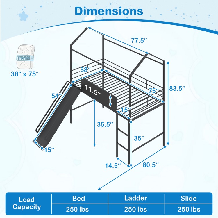 Dimensions of the Kids Twin Size Loft Bed with Ladder and Slide, featuring a black metal structure for safety and fun.