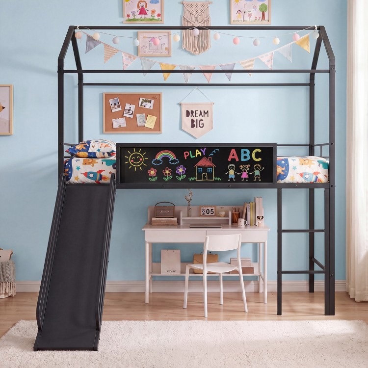 Kids twin size loft bed in black with slide, chalkboard, and ladder, perfect for creative bedroom adventures.