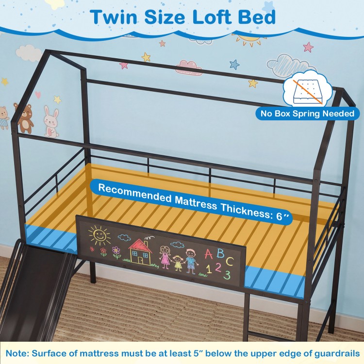 Twin size loft bed in black with ladder and slide, featuring a chalkboard for creativity and safe guardrails for kids.