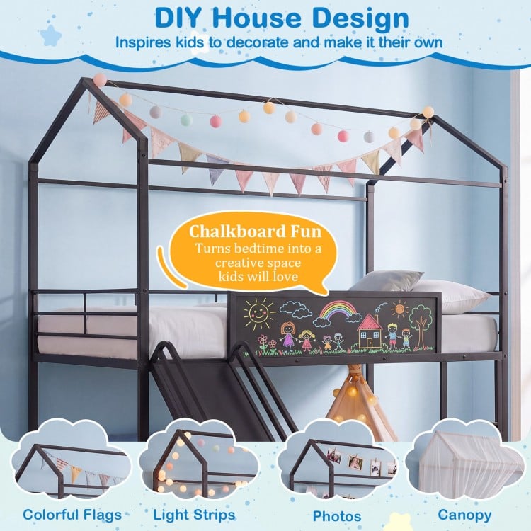 Kids twin size loft bed in black with house design, chalkboard, slide, and ladder for creative bedroom adventures.