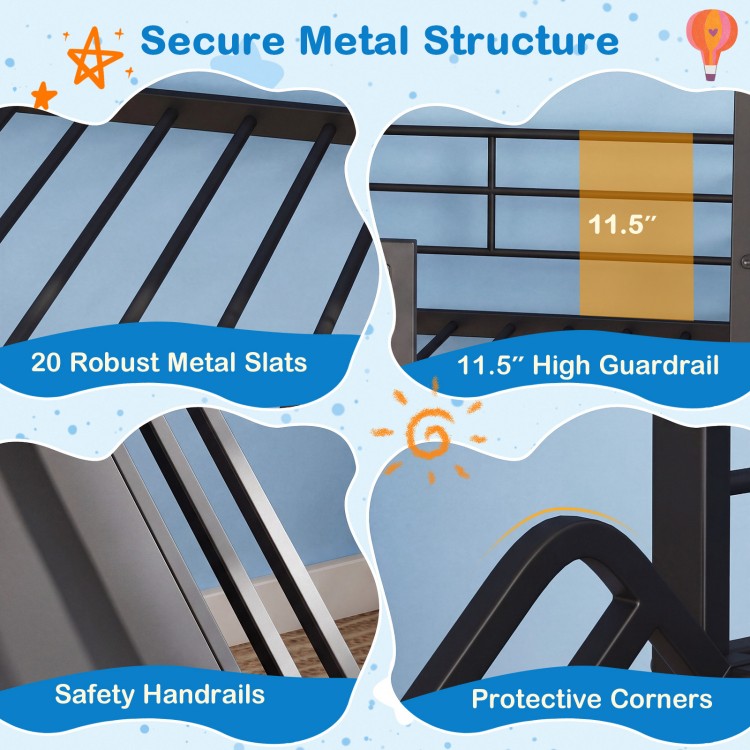 Kids twin size loft bed with a secure metal structure, 11.5" guardrail, safety handrails, and built-in slide for fun.