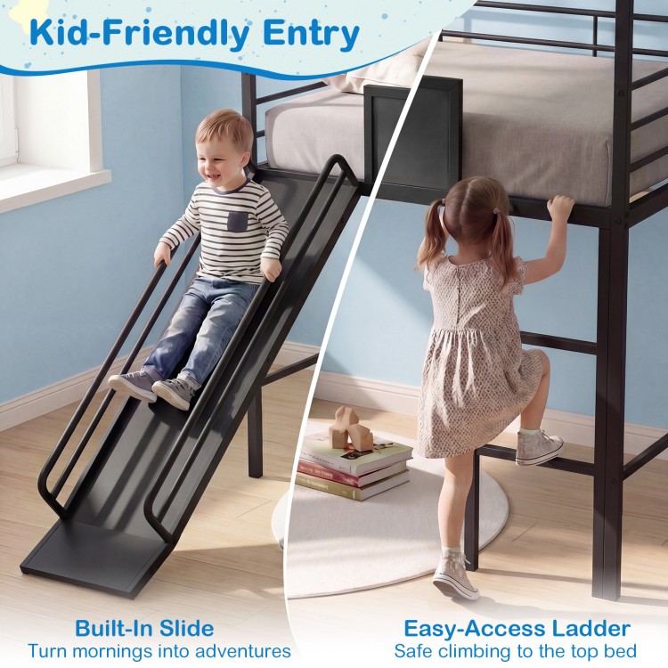 Kids twin size loft bed in black with built-in slide and easy-access ladder, perfect for adventurous bedroom play.