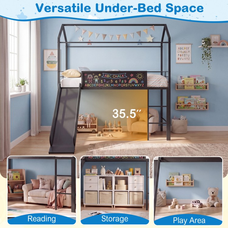 Kids twin size loft bed in black with slide, chalkboard, and versatile under-bed space for reading and storage.