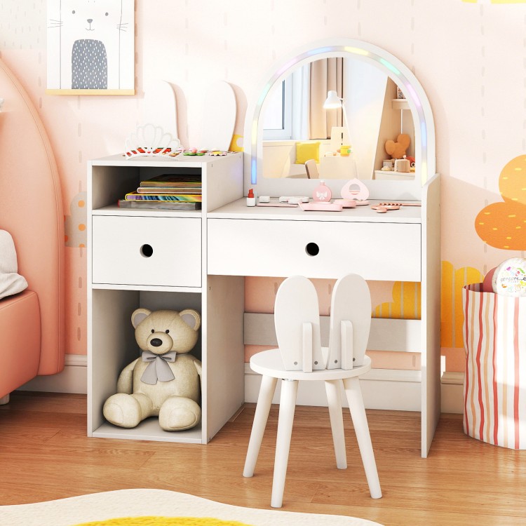 Kids vanity desk and chair set in white with colorful lights, storage drawers, and open shelves for dressing and.