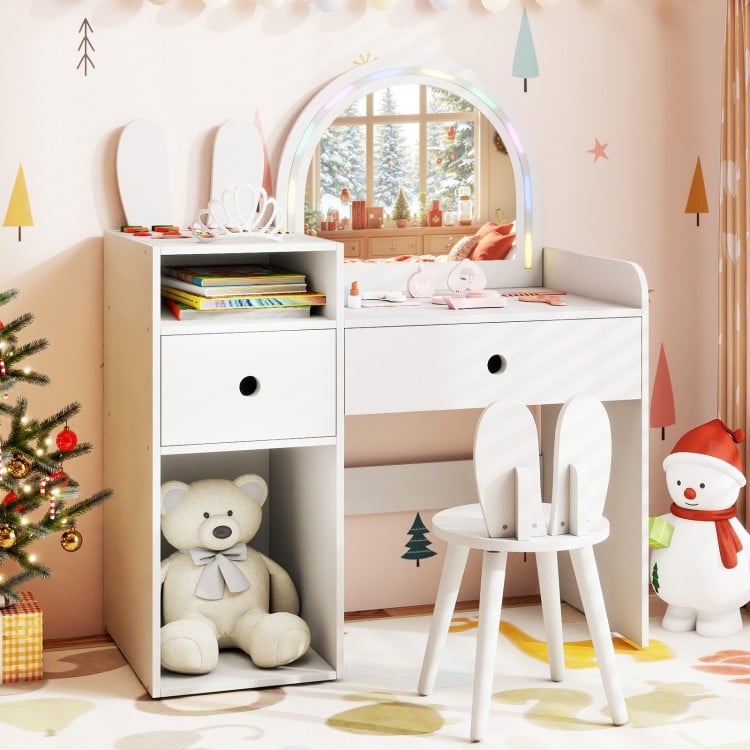 Kids vanity desk and chair set in white with colorful lights, open shelves, and shatterproof mirror for safe play.