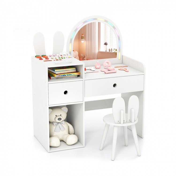 Kids vanity desk and chair set in white with colorful lights, storage drawers, and open shelves for play and study.