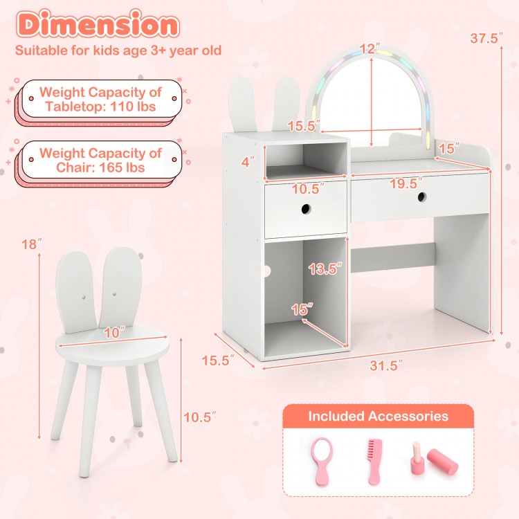 Kids vanity desk and chair set in white with colorful lights, open shelves, and shatterproof mirror for ages 3+.