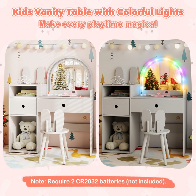 Kids vanity desk and chair set in white with colorful lights, featuring a mirror and ample storage for playtime fun.