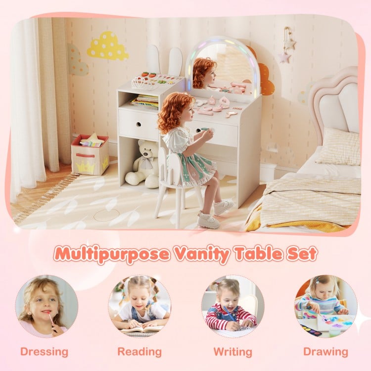 Kids vanity desk and chair set in white with colorful lights, perfect for dressing, studying, and creative activities.