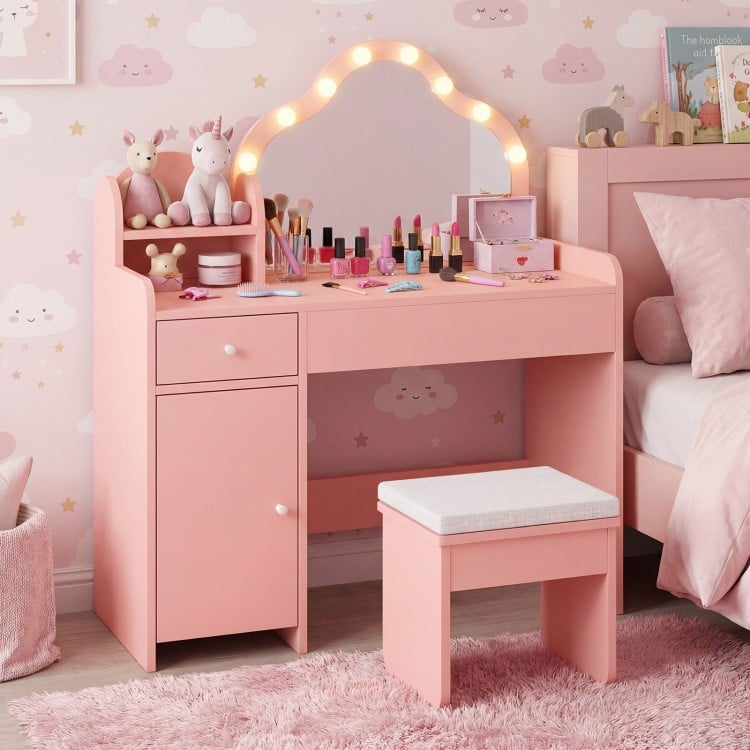 Kids vanity desk in pink with adjustable lighted mirror, drawer, and matching stool for play and study activities.